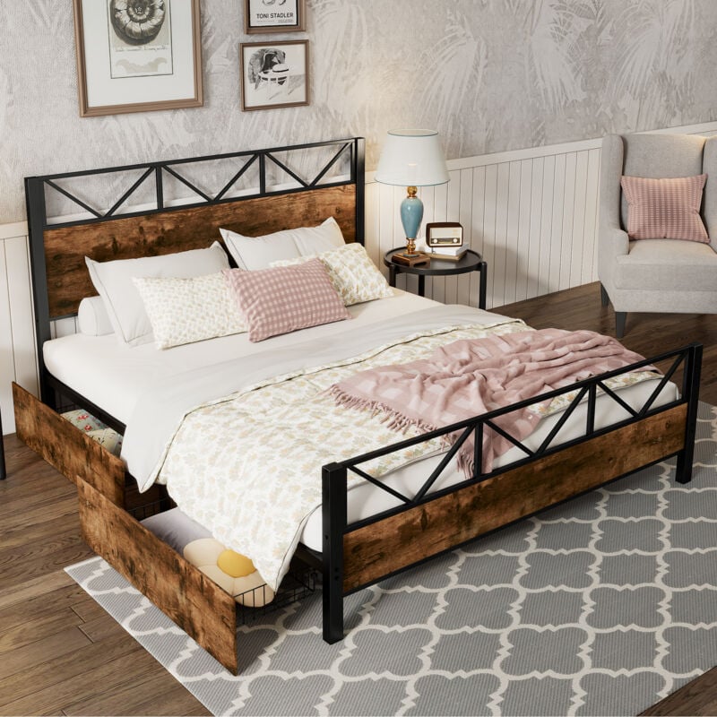 Redom - Lit en métal, couleurs bois vintage, deux tiroirs à roulettes, adolescents et adultes, structure en métal, lits plats, métal + mdf, noir +