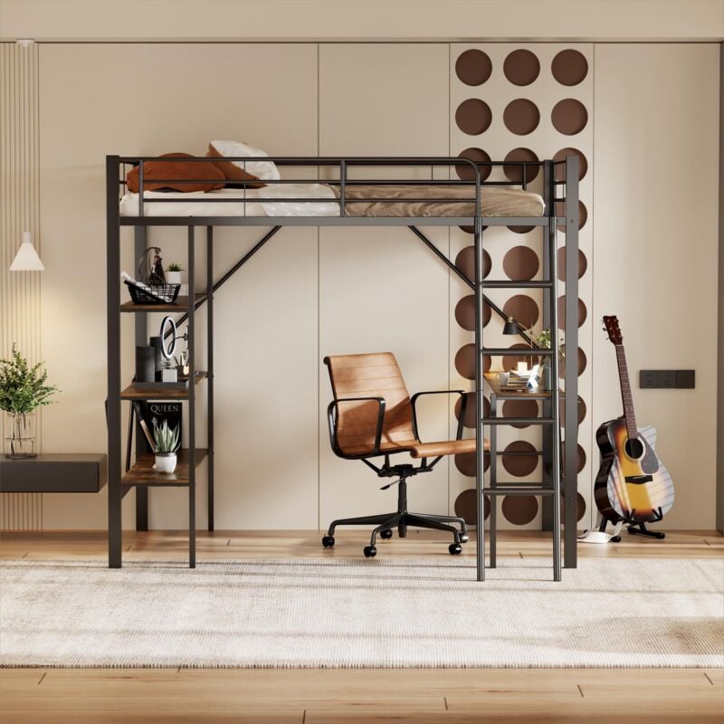 Lit mezzanine 90x200 cm lit en fer avec bureau et 3 étagères, pour enfants, ados et adultes, en métal, noir, sans matelas