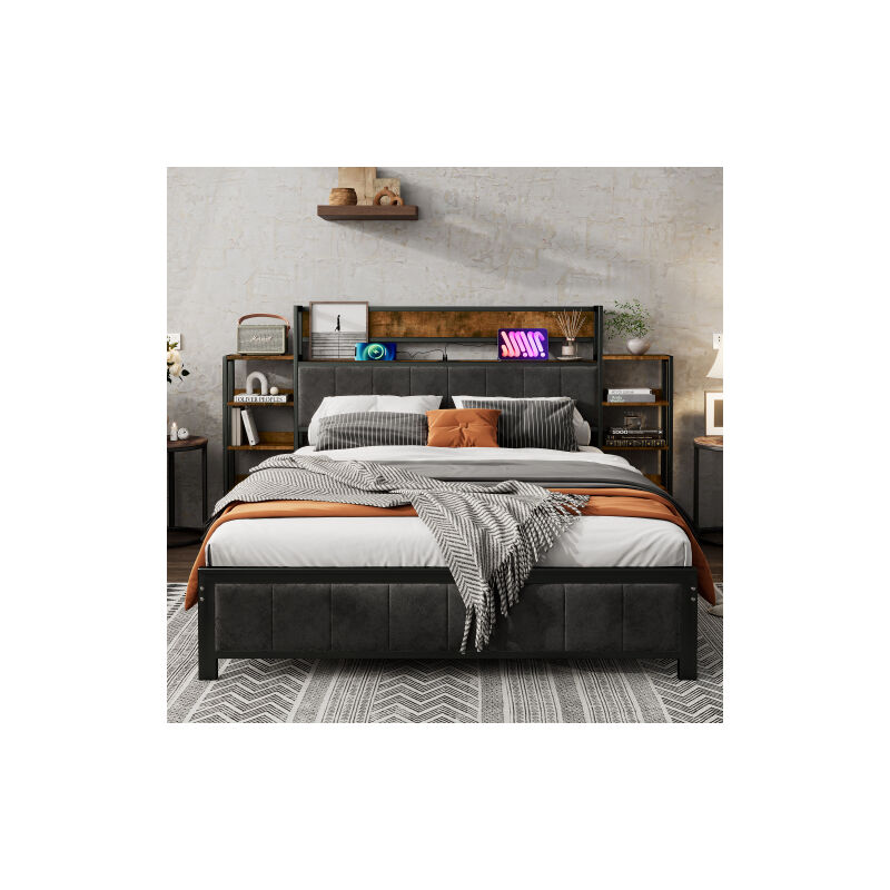 Lit en métal,lit de rangement,tête de lit avec étagère,3 connecteurs USB,éponge de velours foncé,adolescents et adultes, cadre en métal