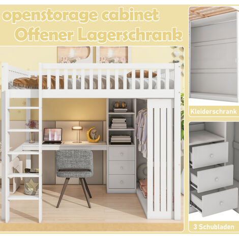 Lit en mezzanine, 140200 cm, bureau, armoire, 3 tiroirs, rangement ouvert, balustrade, escalier, sans matelas, blanc