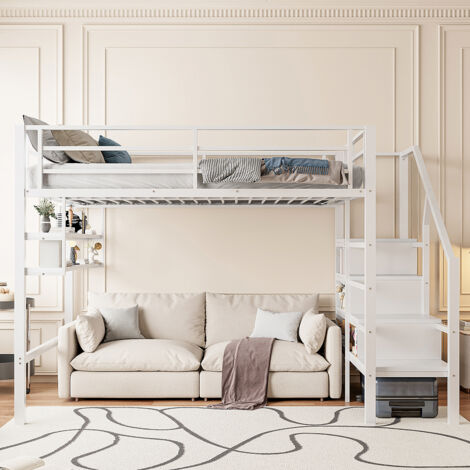 Lit en mezzanine 140200 cm, étagères, échelle de rangement, espace sous le lit pour les panneaux et les rails, sans matelas, blanc