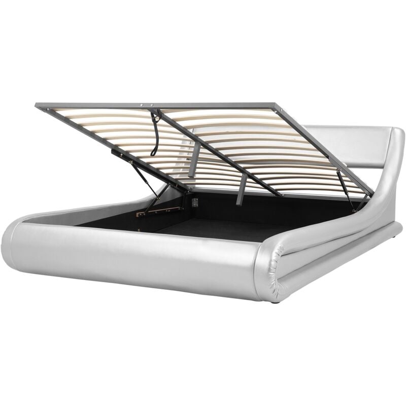 Beliani - Sommier à Lattes 180 x 200 cm en Cuir pu Argenté avec Rangement et Rembourré Avignon