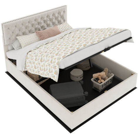 Lit en tissu beige 140x200 cm, structure métal, tête de lit haute, sommier à lattes inclus