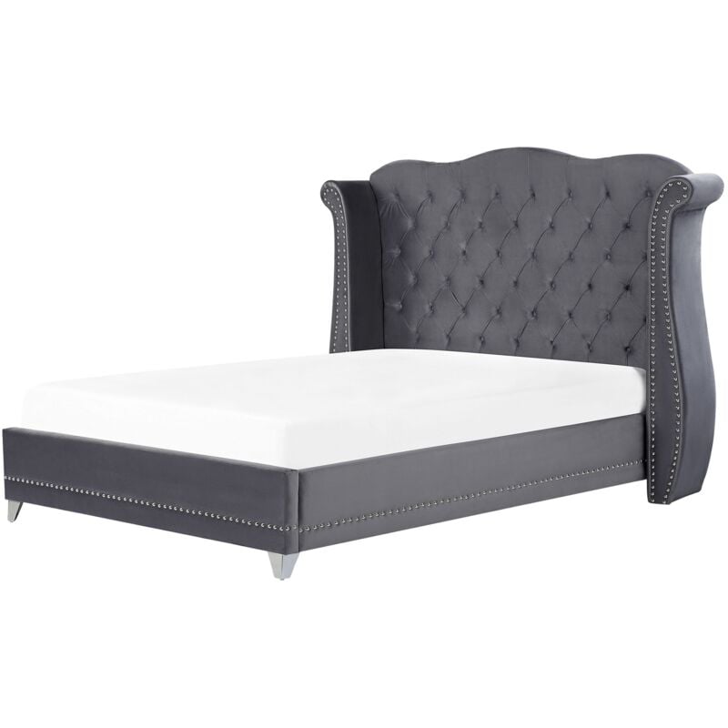 Beliani - Lit Double Capitonné Type Chesterfield en Velours Gris avec Haute Tête de Lit Boutonnée 180 x 200 cm avec Sommier pour Chambre Glamour