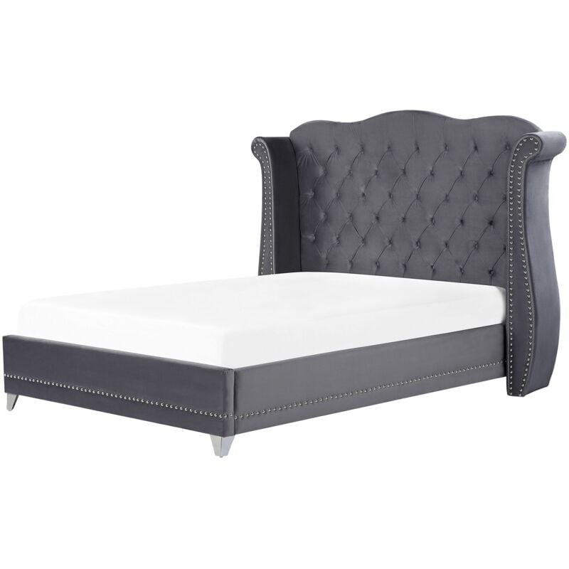 Beliani - Lit Double Capitonné Type Chesterfield en Velours Gris avec Haute Tête de Lit Boutonnée 160 x 200 cm avec Sommier pour Chambre Glamour