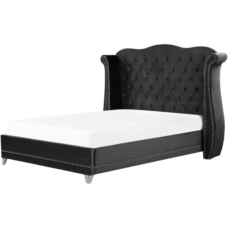 Lit Double Capitonné Type Chesterfield en Velours Noir avec Haute Tête de Lit Boutonnée 160 x 200 cm avec Sommier pour Chambre Glamour Vintage Beliani