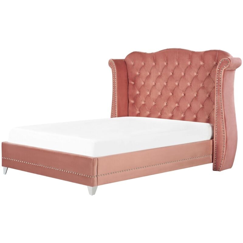Beliani - Sommier à Lattes et Cadre de Lit Double 140 x 200 cm en Velours Rose Chic Ayette