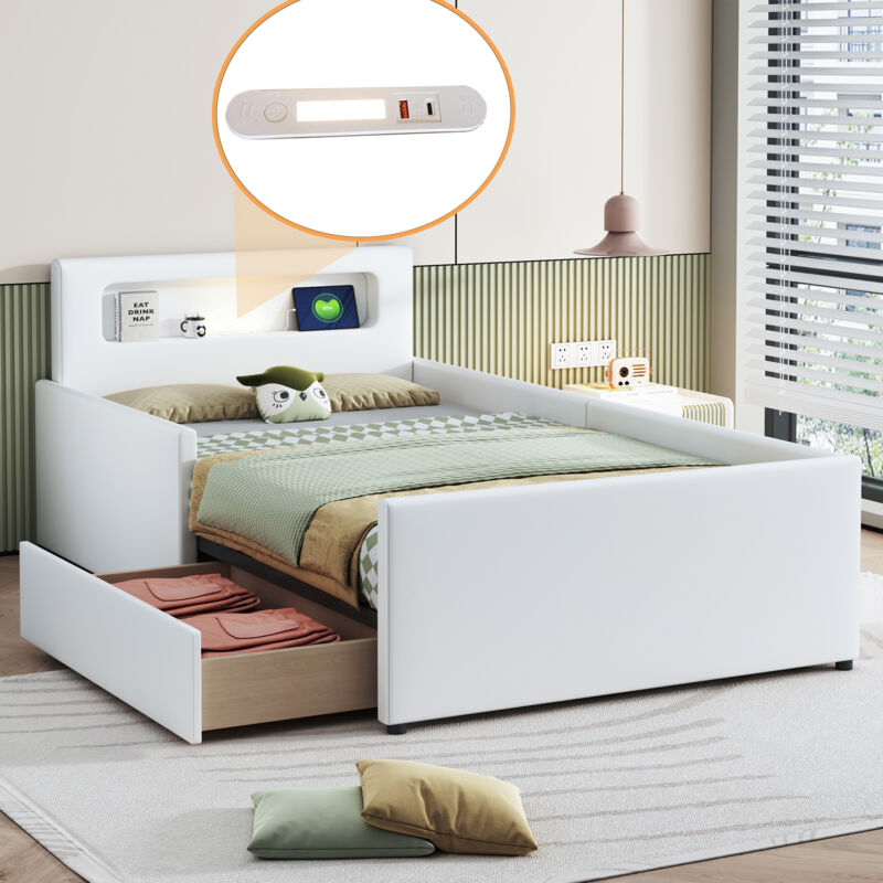 Lit enfant 1 tiroir 90x200 cm, simili cuir, lit simple, usb, tête de lit avec rangement, sans matelas, blanc