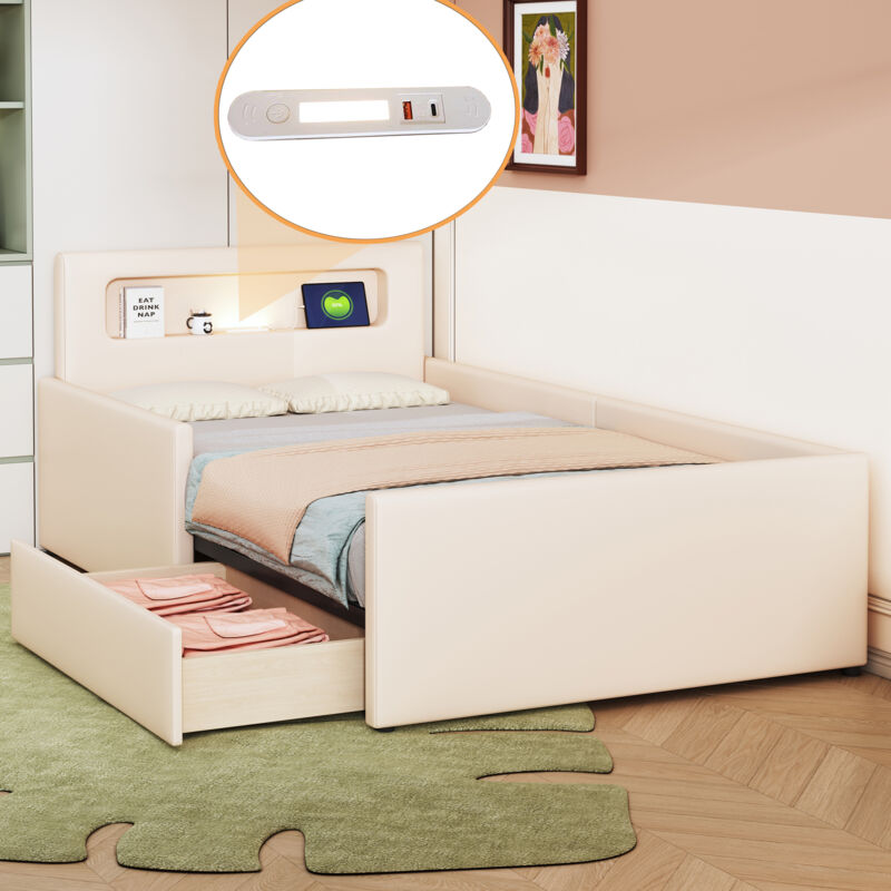 Lit enfant 1 tiroir 90x200 cm, simili cuir, lit simple, usb, tête de lit avec rangement, sans matelas, beige
