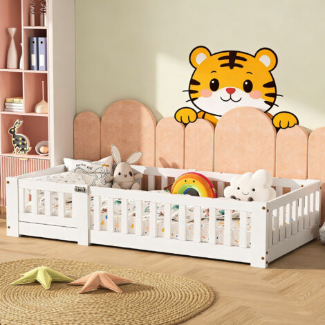 Lit Enfant 120x200cm, Lit au Sol Enfant avec Panneau de Porte Amovible,Barrières de Sécurité,Lit Bas Montessori avec Sommier,Cadre de Lit 1 Place,Blanc