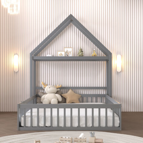 Lit enfant 140 x 200, cadre de lit enfant en bois massif avec espace de rangement, porte pleine sécurité, gris