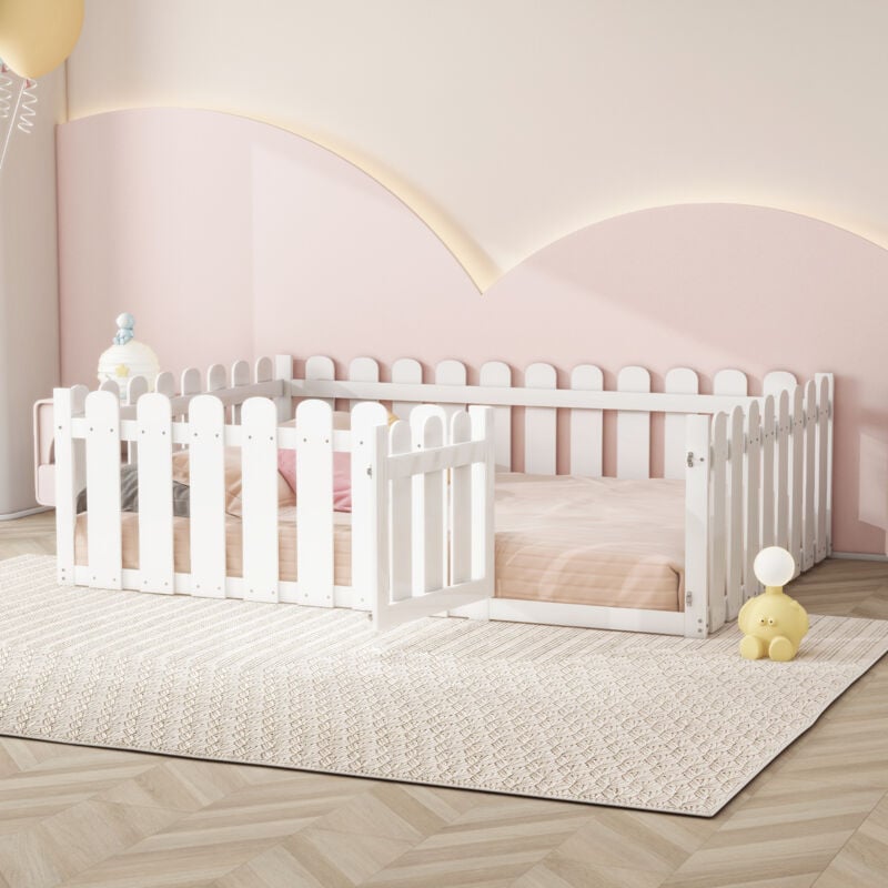 Redom - Lit enfant 140 x 200 cm, cadre de lit en bois avec bordure et porte, blanc