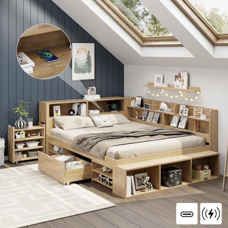 Lit Enfant 140 x 200 cm, Lit Coffre avec Chargement sans Fil et Port USB, Tables de Chevet, étagères et armoires de Rangement