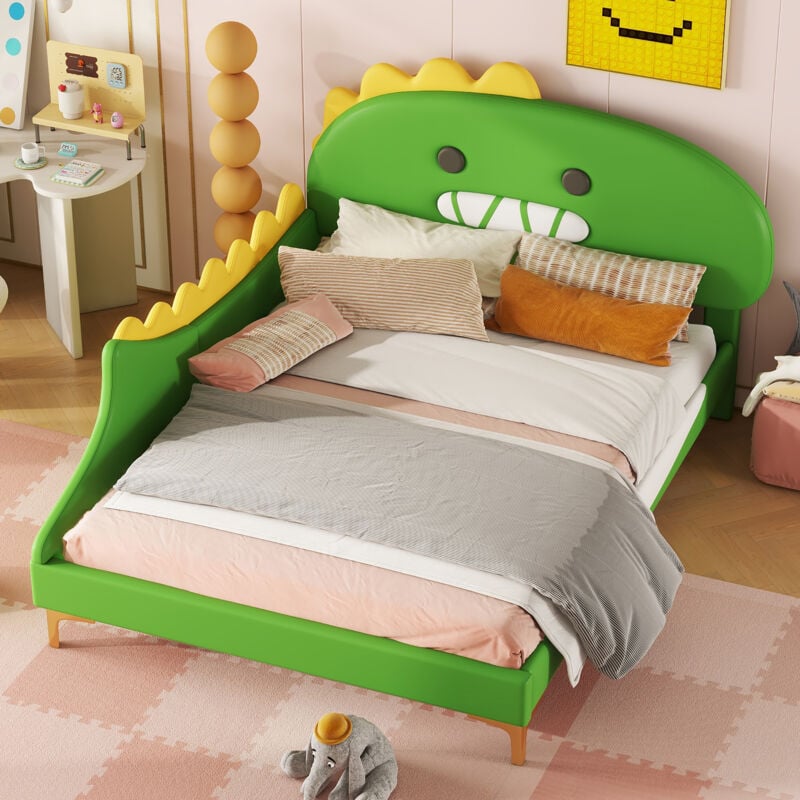 Lit enfant 140 x 200 cm, lit double en forme de dinosaure dessin animé, pu, sans matelas, vert