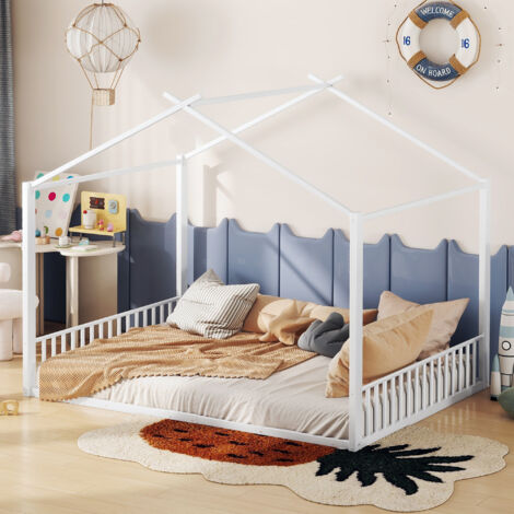 Lit enfant 140×200cm, 2 personnes, lit ado, structure en métal, avec barrières de sécurité, sans matelas, blanc