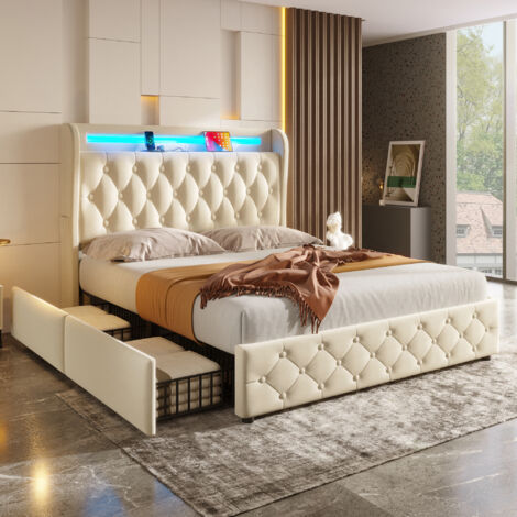 Lit enfant 140x190 cm avec 4 tiroirs lumière LED et port USB tête de lit avec étagère tissu velours beige (Sans matelas)