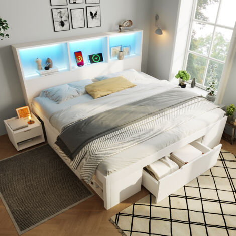 Lit enfant 140x190 cm avec rangement, chevet mobile, LED Bluetooth et ports USB/Type-C, bois blanc