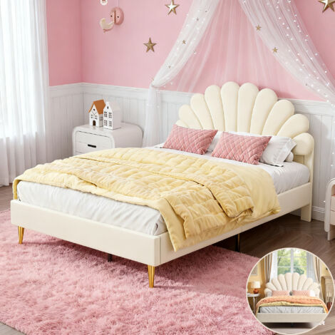 Lit enfant 140x200 avec sommier à lattes - Lit fille avec tête forme fleur - Lit double 2 personnes - Tissu velours doux pour la peau - Beige