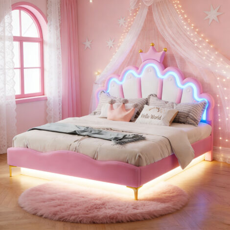 Lit enfant 140x200 cm avec LED réglable - Lit fille avec tête de lit couronne réglable - Lit princesse avec sommier à lattes - Lit rembourré 2 Personnes - PU - Rose