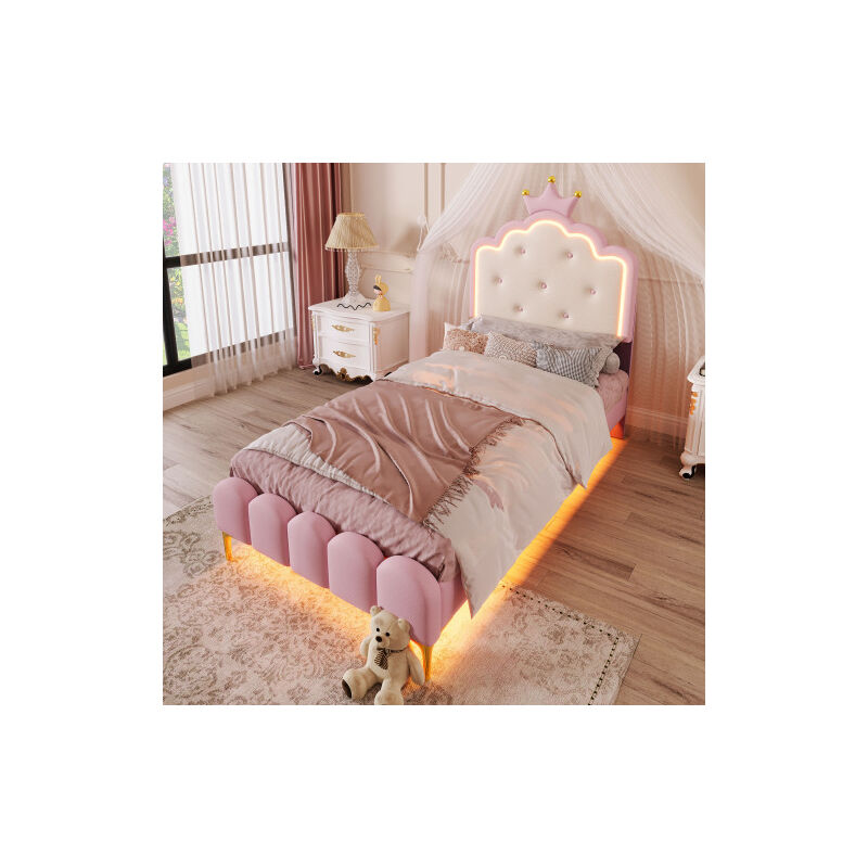 Wishdor - Lit enfant 90x200 cm avec tête de lit couronne, éclairage led télécommandé, sommier à lattes, sans matelas, rose