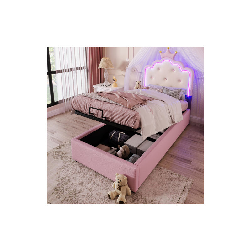 Lit coffre 90x200 cm Lit enfant avec tête de lit couronne, éclairage LED télécommandé, sommier à lattes, sans matelas, rose