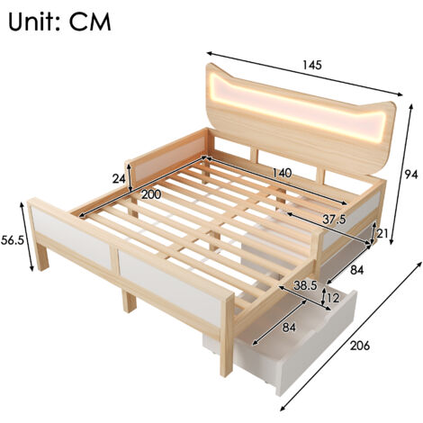 Lit enfant 140x200 cm blanc et chêne sans matelas,design oreilles de chat,LED RGB,rangement modulable et barrière.