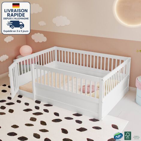 Lit enfant 140x200 cm, en bois, lit simple sans matelas, sans sommier à lattes, blanc