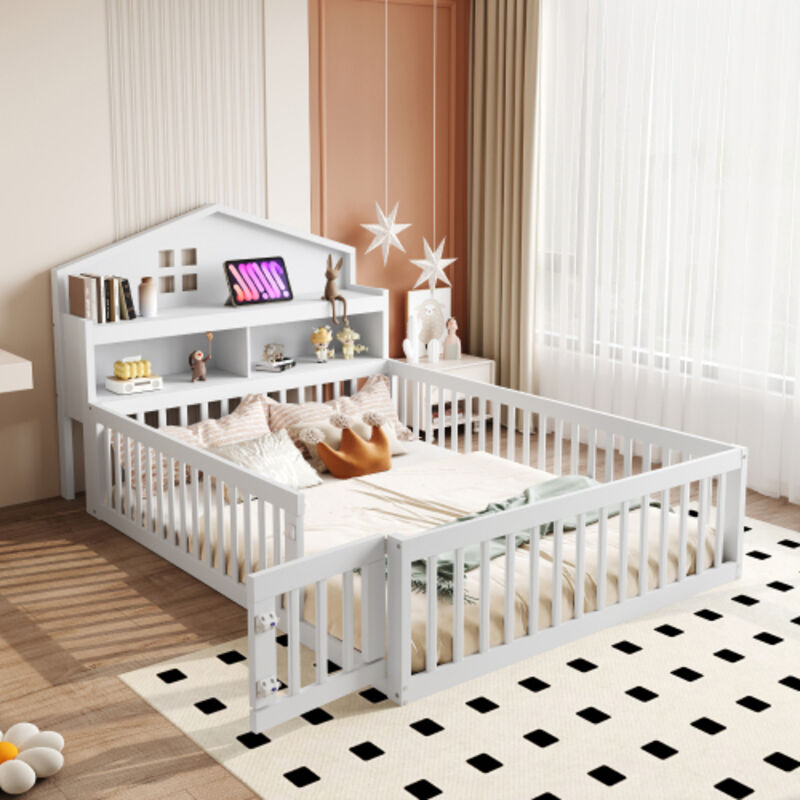 Lit enfant 140x200 cm, en forme de maison, étagères de rangement, barrière de sécurité et porte, sommier à lattes, sans matelas, en bois, blanc