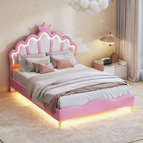 Lit Enfant 140x200 cm, Lit Adolescente Fille en Forme de Couronne, LED Lits Princesse avec Tête de Lits Réglabe, Cadre Lits 1 Place en Nuages, Rose PU, sans Matelas
