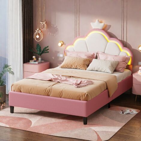 Lit enfant 140x200 cm, lit simple, lit rembourré, lit fille avec lampe de chevet LED, tête de lit réglable, sommier à lattes en flanelle, rose (livraison locale)