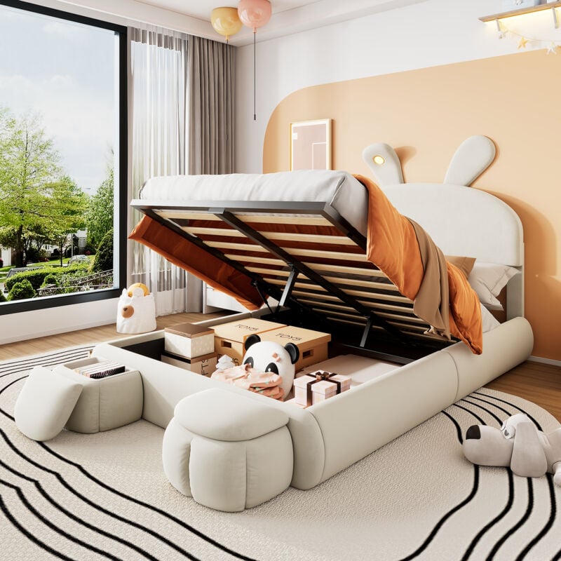 Modernluxe - Lit enfant 140x200 cm rembourré en velours - oreille de lapin avec led réglable - avec 2 tabourets de rangement - Beige