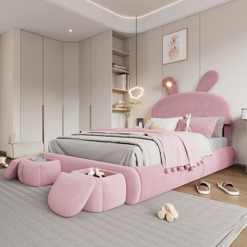 Lit enfant 140x200 cm rembourré en velours - oreille de lapin avec LED réglable - avec 2 tabourets de rangement - Rose