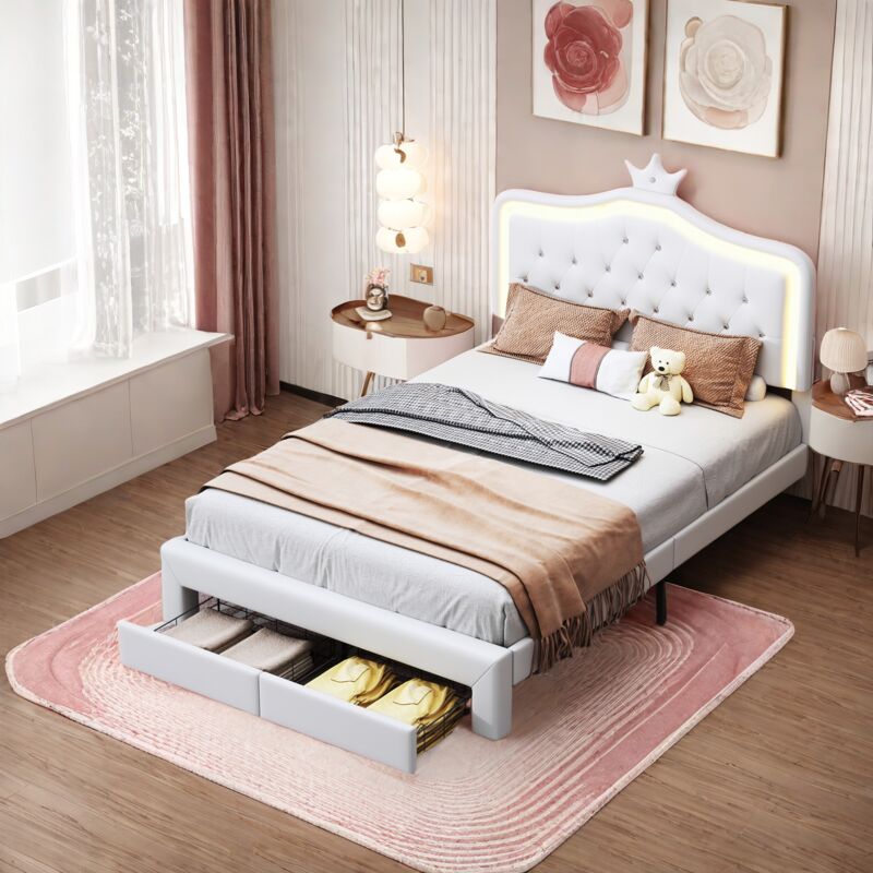 lit enfant 140x200, lit capitonné, lit double avec LED réglable et 2 tiroirs, lit princesse en forme de couronne, sommier à lattes, PU, blanc