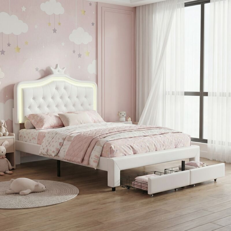 Lit enfant 140x200, lit simple, éclairage LED et 2 tiroirs de rangement, tête de lit couronne ajustable, style moderne princesse(140x200cm, Blanc)