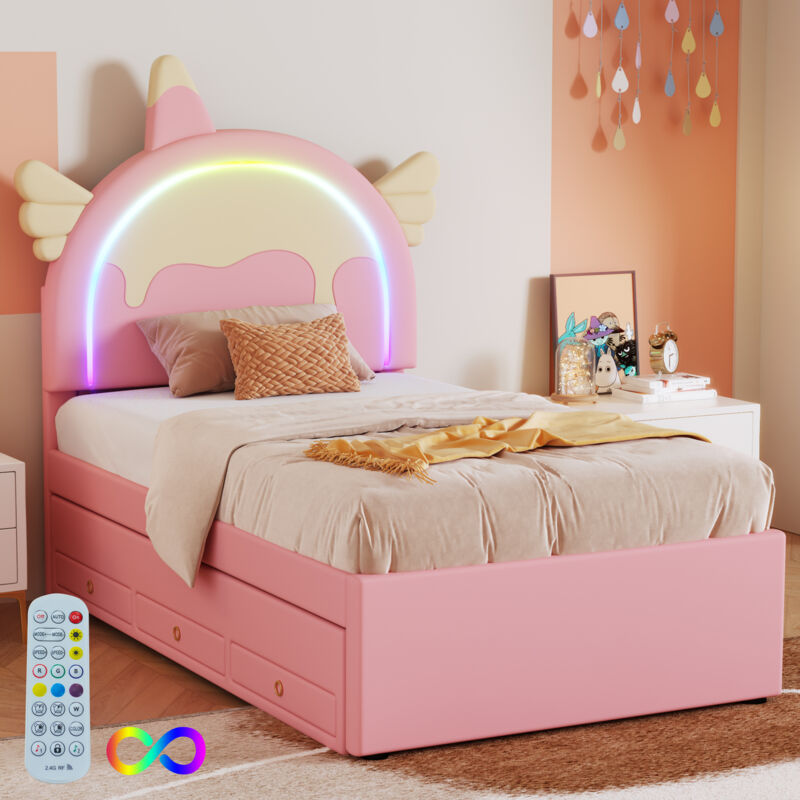 Modernluxe - Lit enfant 90x200cm avec un lit gigogne 90x190cm - tête de lit en forme de licorne avec led - en similicuir - Rose