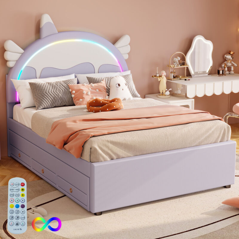 Lit enfant 140x200cm avec un lit gigogne 90x190cm - tête de lit en forme de licorne avec LED - en similicuir - Violet clair