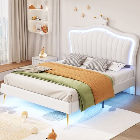 Lit Double 140x200 Cm Avec étagère Ouverte, Compartiment De Rangement Avec Porte Rabattable Bande Lumineuse Jaune Chaud Lit Plateforme En Pin Blanc Et Mdf Pour Adolescents Et Adultes