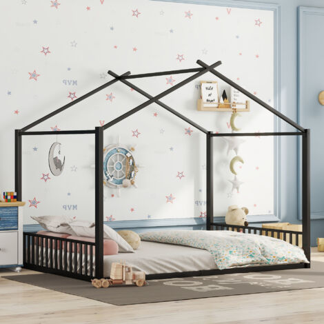 Lit enfant 140x200cm maison design cadre métal robuste noir (Sans matelas)
