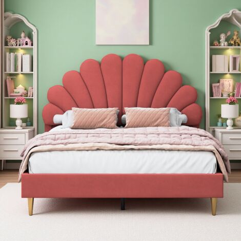 Lit Enfant 140x200cm, tête de lit à forme de fleur, Lit Double avec sommier à lattes, Lit Fille Princesse pour Adolescents, Bordeaux Velours, sans Matelas