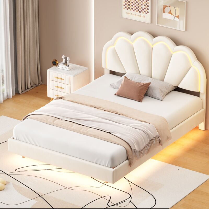 Sunfecili - Lit enfant 140x200,lit 140x200,lit capitonné,lit double,lit fille, cadre de lit double couronne blanc en cuir PU,Blanc