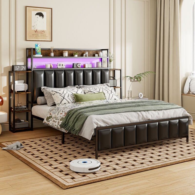 Lit enfant 140x200 cm avec étagères, tête de lit capitonné de rangement avec led, cadre de lit en fer, revêtement en similicuir, noir