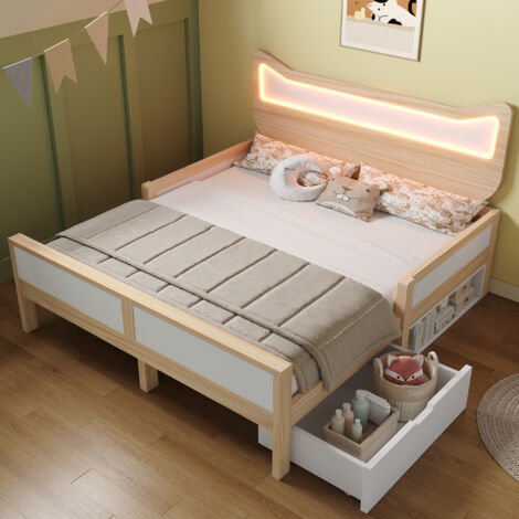 Lit enfant 2 places 140x200 cm en bois, tête de lit chat LED RGB, tiroir et rangement, sommier inclus, blanc et chêne