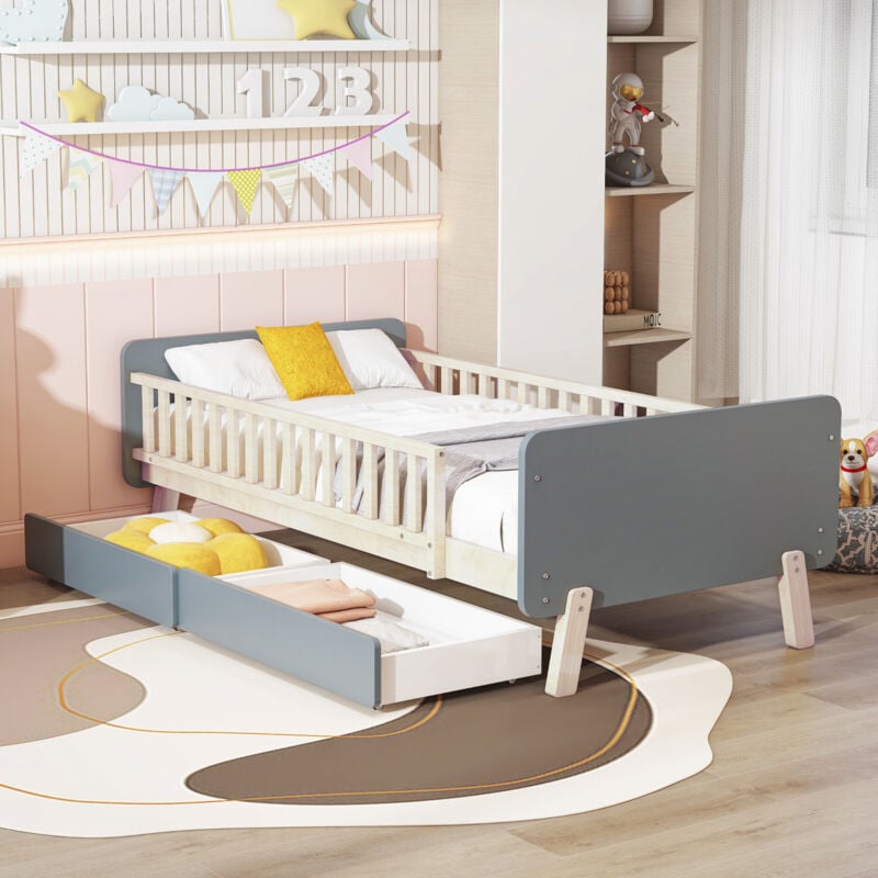 Lit enfant 2 tiroirs 90x190 cm, en bois, avec barrière, sans matelas, lit simple, gris