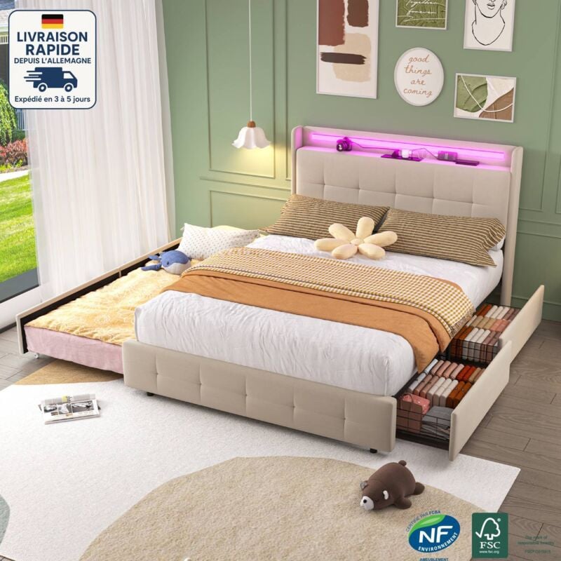 Lit enfant 2 tiroirs, velours, lit double avec lit gigogne, sans matelas, LED, USB, beige, 140x200cm