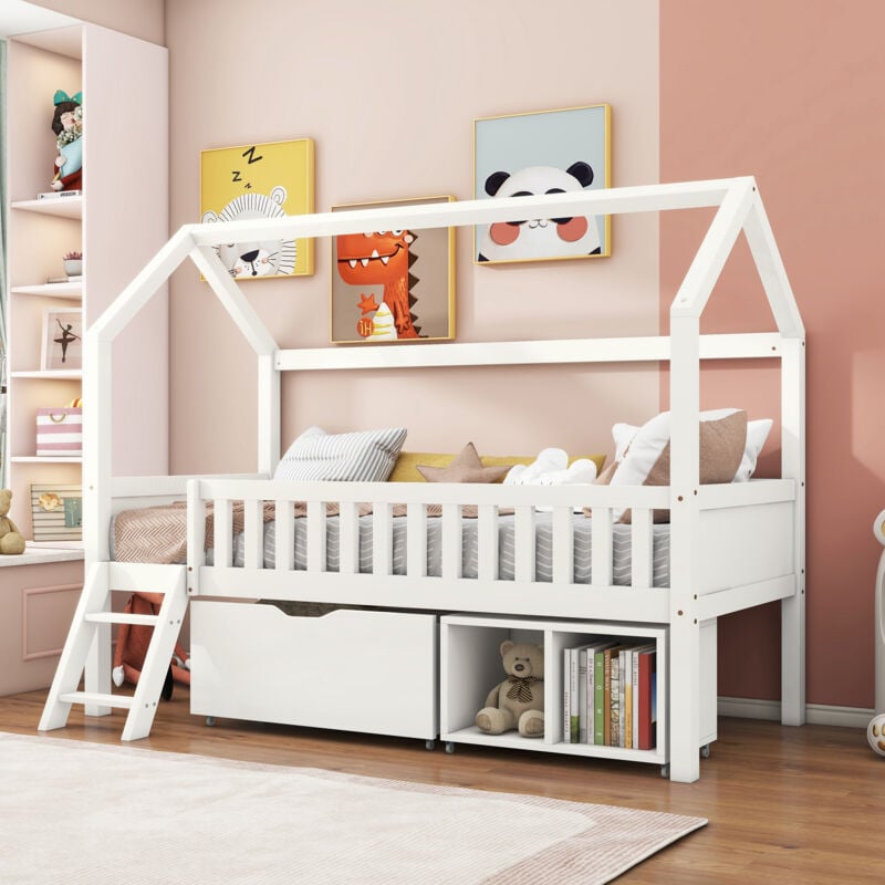 Lit enfant 200x90 cm, avec tiroirs et 2 espaces de rangement barrière de protection, lit cabane, sans matelas, bois, blanc