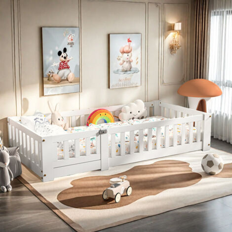 Lit enfant 80 x 160 cm–Sommier et barrières de sécurité–En pin massif–Conception basse–Anti-chute–Peintures de sécurité–Blanc