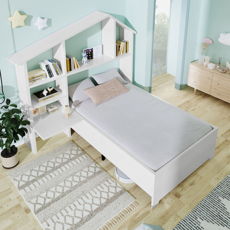 Hauss Spole - Lit enfant 90 × 200cm, Lit cabane avec étagères rangements, lit simple, en bois, blanc,sans matelas