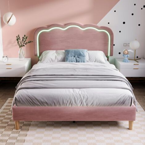 Lit enfant 90 x 190 cm – Lit rembourré avec tête de lit LED réglable – Sommier à lattes – Matelas non inclus – Velours – Rose