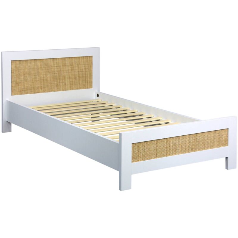 Sweeek - Lit enfant 90 x 190cm effet bois blanc et cannage. sommier inclus