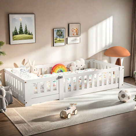 Lit enfant 90 x 190cm–Sommier et barrières de sécurité–En pin massif–Conception basse–Anti-chute–Peintures de sécurité–Blanc
